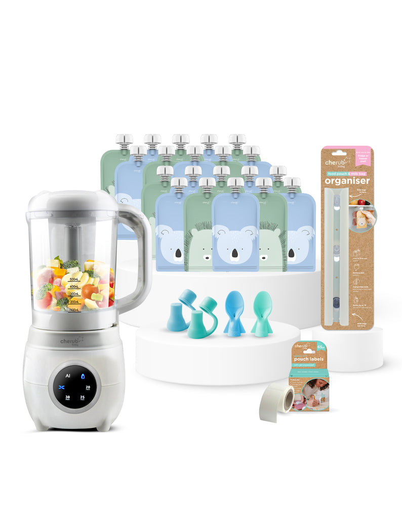 Solid Feeding Bundle | Automatic Baby Food Maker + Reusable Baby Food Pouches Bundle Blue & Green