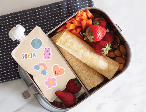 On the Go Reusable Food Pouch Sticker Set - RETRO RAINBOW