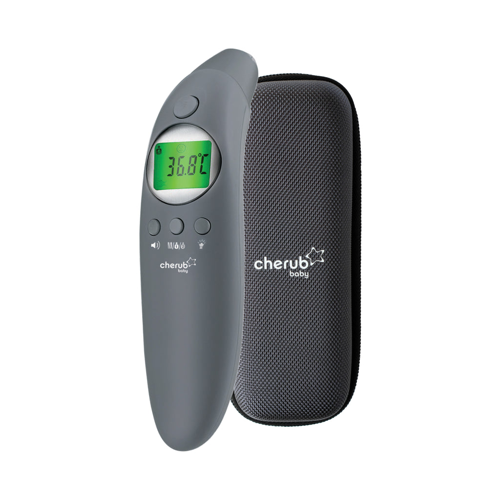 A gray 4 in 1 Infrared Thermometer/ Digital Ear And Forehead V2 - temperature monitor with a green LCD screen, shown next to its black textured zippered carrying case on a white background.