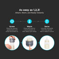 Three-step guide showing how to use a portable bottle warmer V3: screw on the bottle, warm it to the desired temperature, and unscrew to serve.