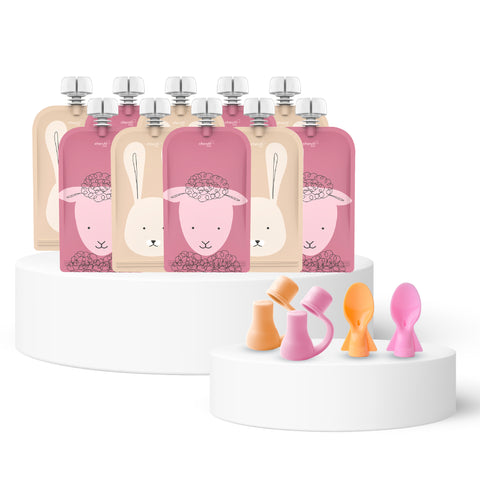 Reusable Baby Food Pouches, Yoghurt Pouches 120ml Animal Print Dusty Rose & Sand 10PK + Food Pouch Spoons 2PK (PINK  & ORANGE) + Universal Food Pouch Spouts  2PK (PINK  & ORANGE)