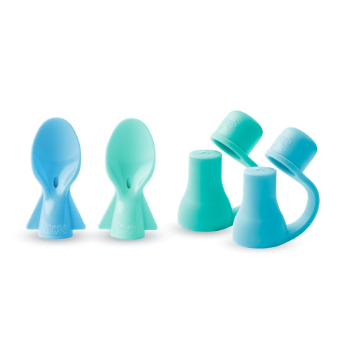 Reusable Baby Food Pouches, Yoghurt Pouches 120ml Animal Cerulean & Sage 10PK + Food Pouch Spoons 2PK (BLUE & GREEN) +  Food Pouch Spouts 2PK (BLUE & GREEN)