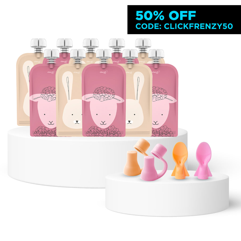 Reusable Baby Food Pouches, Yoghurt Pouches 120ml Animal Print Dusty Rose & Sand 10PK + Food Pouch Spoons 2PK (PINK  & ORANGE) + Universal Food Pouch Spouts  2PK (PINK  & ORANGE)