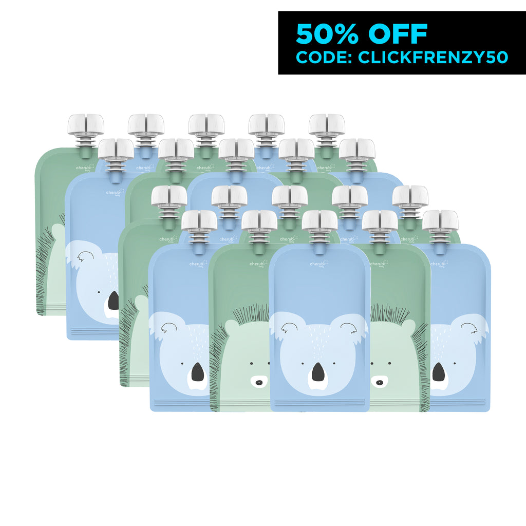Bundle Sale Reusable Baby Food Pouches, Yoghurt Pouches 120ml Cerulean & Sage 20PK