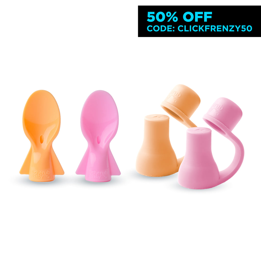 Food Pouch Spoons 2PK (PINK  & ORANGE) + Food Pouch Spouts  2PK (PINK  & ORANGE)