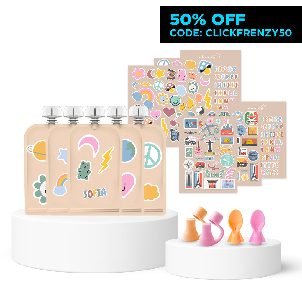 Sticker Set Reusable Food Pouches 150ml 5PK with 130+ Letter/Picture Stickers | Retro Rainbow Food Pouch Spoons 2PK (PINK  & ORANGE) + Universal Food Pouch Spouts  2pk (PINK  & ORANGE)