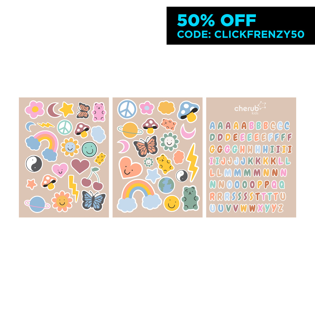 Customizable Letter & Picture Stickers 130+pk for Reusable Pouches | RETRO RAINBOW