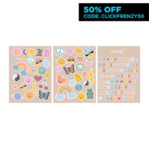 Customizable Letter & Picture Stickers 130+pk for Reusable Pouches | RETRO RAINBOW