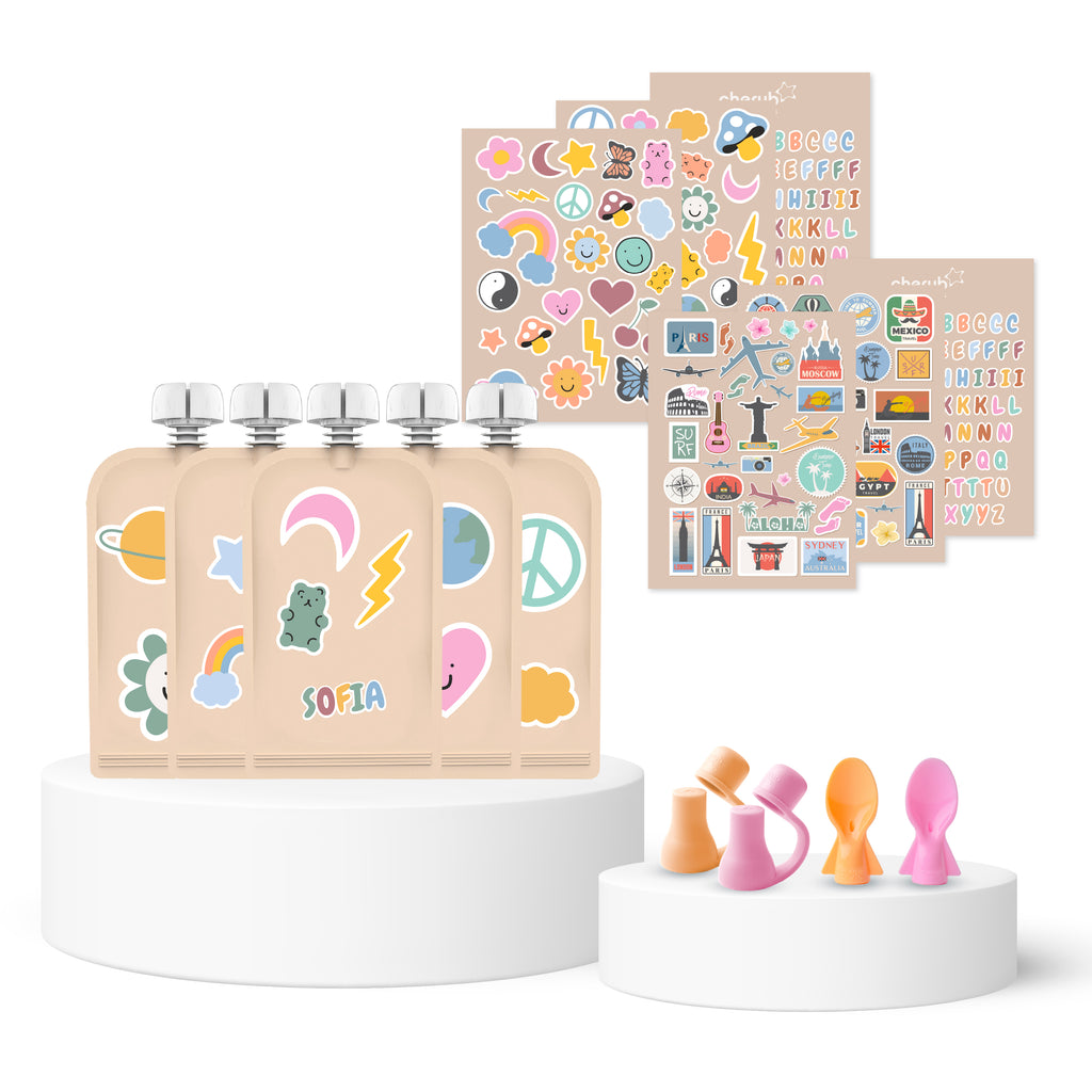 Sticker Set Reusable Food Pouches 150ml 5PK with 130+ Letter/Picture Stickers | Retro Rainbow Food Pouch Spoons 2PK (PINK  & ORANGE) + Universal Food Pouch Spouts  2pk (PINK  & ORANGE)