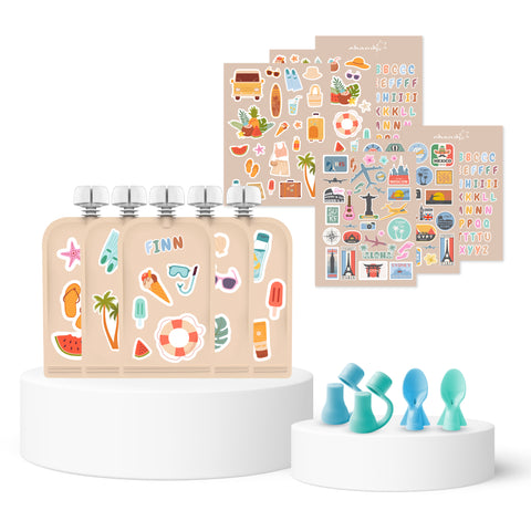 Sticker Set Reusable Food Pouches 150ml 5PK with 130+ Letter/Picture Stickers |Summer Vibes  Food Pouch Spoons 2PK (BLUE & GREEN) +  Food Pouch Spouts 2pk (BLUE & GREEN)