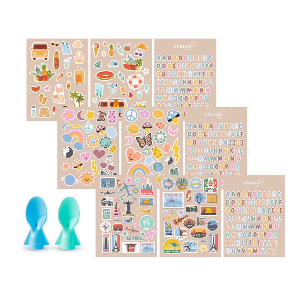 Free Gift Bundle - 130+ Picture/Letter Sticker Sets 3PK & Universal Food Pouch Spoons 2PK - Aqua & Mint