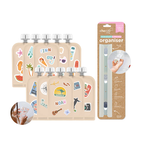 Reusable Sticker Food Pouches 10pk 150ml + Organiser |Summer Vibes & Big Explorer | BF BUNDLE SALE
