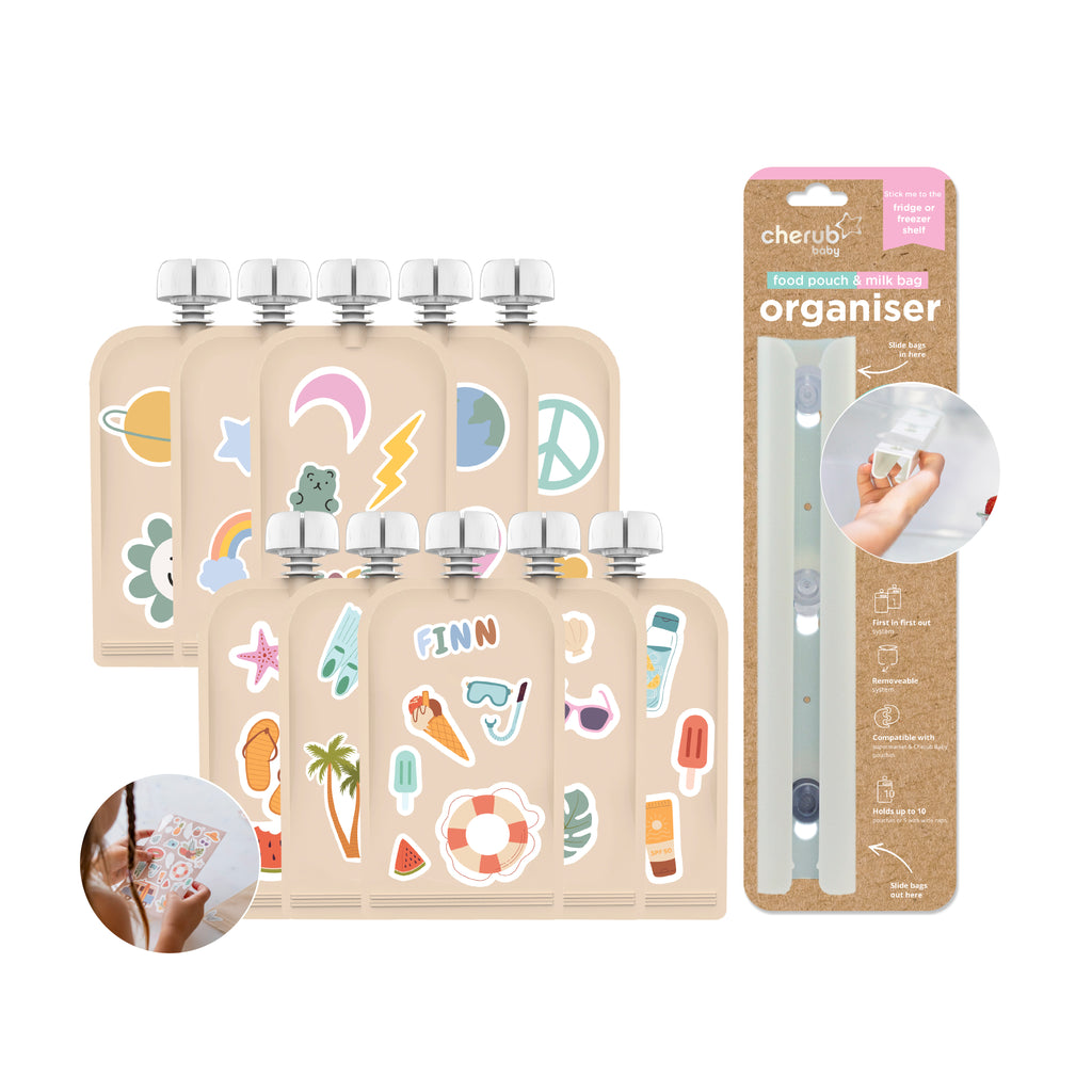 Reusable Sticker Food Pouches 10pk 150ml + Organiser | Sticker Set Summer Vibes & Retro Rainbow | BF BUNDLE SALE