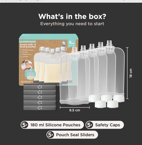Boxed set of breast milk and food pouches shown on a dark charcoal background with text reading 'What's in the box?' and item callouts for 180 ml silicone pouches, safety caps, and pouch seal sliders.