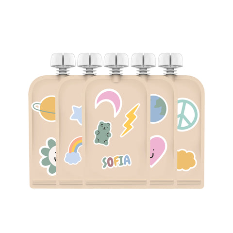 Reusable Sticker Food Pouches 10pk 150ml + Organiser | Sticker Set Summer Vibes & Retro Rainbow | BF BUNDLE SALE