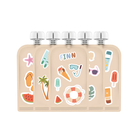 Reusable Sticker Food Pouches 10pk 150ml + Organiser | Sticker Set Summer Vibes & Retro Rainbow | BF BUNDLE SALE