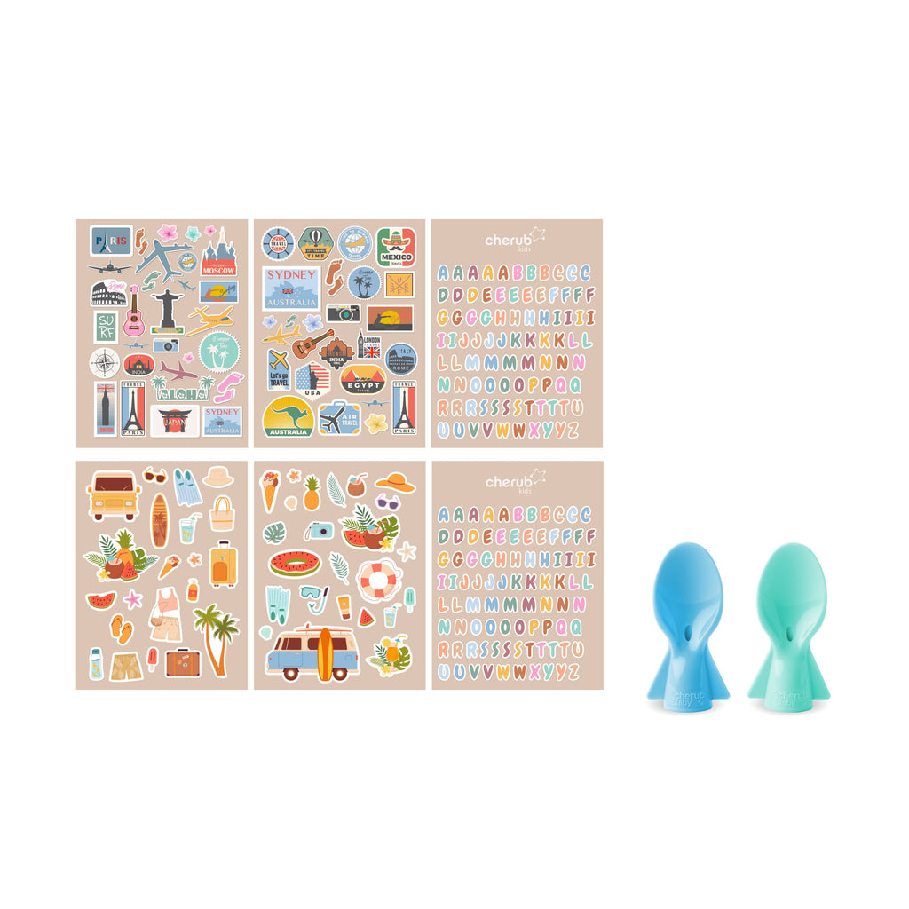 Free Gift Bundle - 130+ Picture/Letter Sticker Sets 3PK & Universal Food Pouch Spoons 2PK - Aqua & Mint