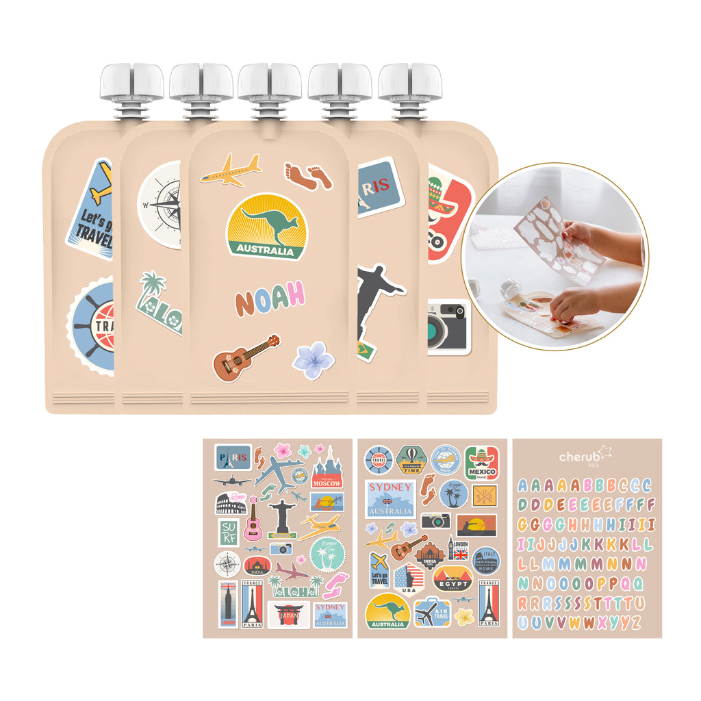 Sticker Set Reusable Food Pouches 150ml 5PK with 130+ Letter/Picture Stickers |Big Explorer