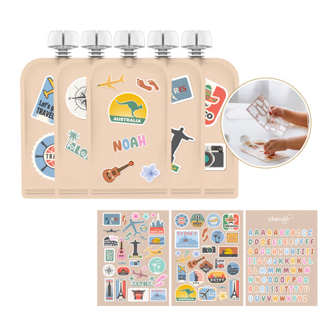 Sticker Set Reusable Food Pouches 150ml 5PK with 130+ Letter/Picture Stickers |Big Explorer