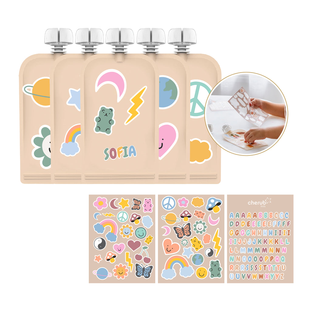 Sticker Set Reusable Food Pouches 150ml 5PK with 130+ Letter/Picture Stickers | Retro Rainbow
