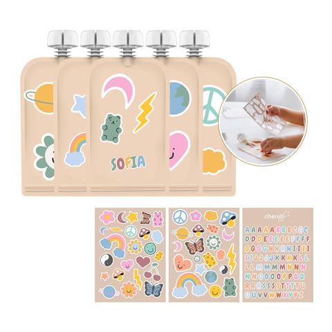 Sticker Set Reusable Food Pouches 150ml 5PK with 130+ Letter/Picture Stickers | Retro Rainbow
