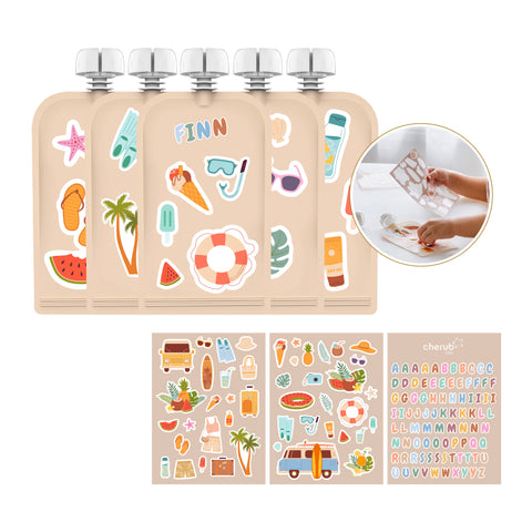 Sticker Set Reusable Food Pouches 150ml 5PK with 130+ Letter/Picture Stickers |Summer Vibes