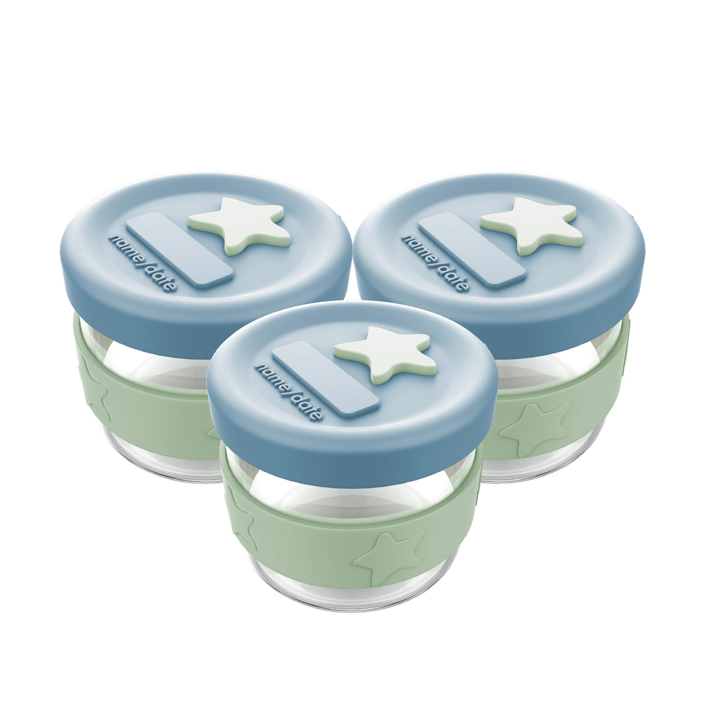 Silicone & Glass Baby Food Storage Containers 3PK 120ml - Cerulean Sage - Puree Containers - Freezer Safe