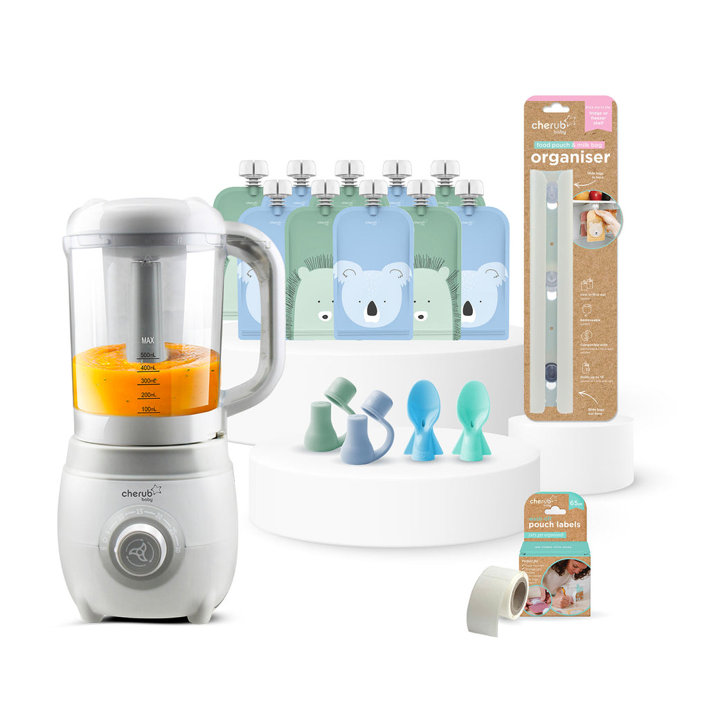 Solid Feeding Bundle | Easycook Baby Food Maker, Steriliser & Warmer + Reusable Baby Food Pouches Cerulean Sage