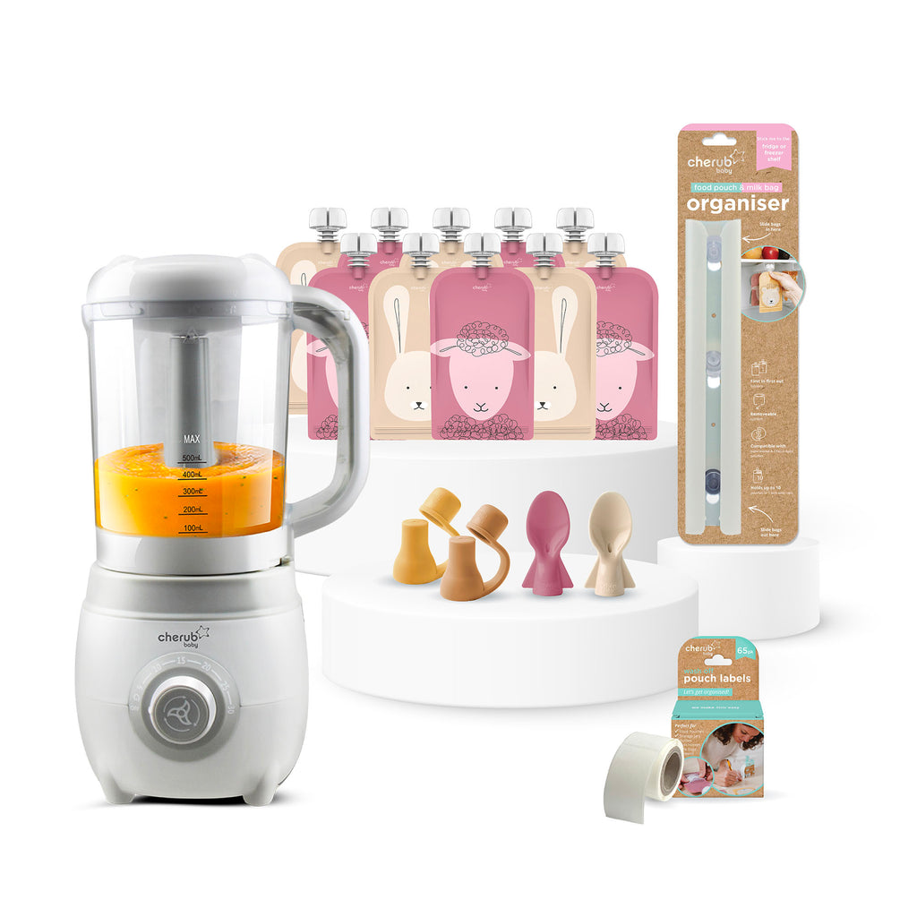 Solid Feeding Bundle | Easycook Baby Food Maker, Steriliser & Warmer + Reusable Baby Food Pouches Dusty Rose & Sand