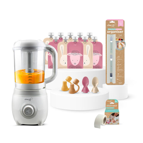 Solid Feeding Bundle | Easycook Baby Food Maker, Steriliser & Warmer + Reusable Baby Food Pouches Dusty Rose & Sand