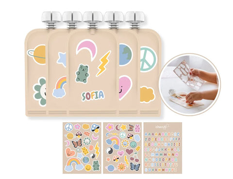 Customisable Reusable Food Pouches 10PK + Stickers | Silicone Pouch Brush | Pouch Organiser + Icy Pole Molds BUNDLE 1