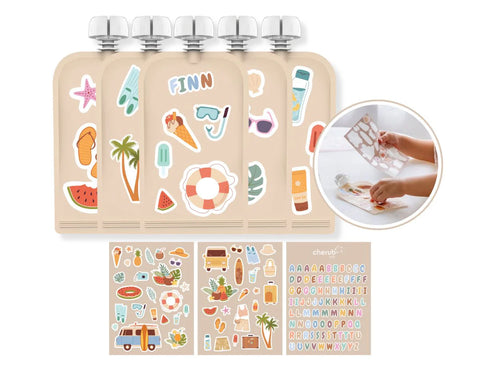 Customisable Reusable Food Pouches 10PK + Stickers | Silicone Pouch Brush | Pouch Organiser + Icy Pole Molds BUNDLE 2