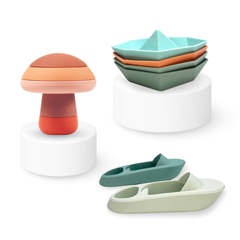 Silicone Bath Toys - Baby Boats – Oyster Sage + Toy Ships 4pk + Stacking Toys Mushroom