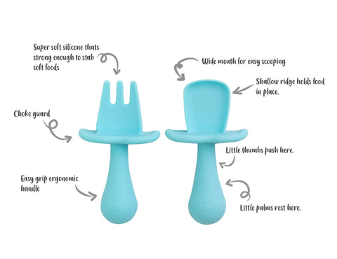Baby Led Weaning Silicone Spoon & Fork Cutlery - Aqua