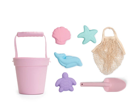 Silicone Beach Toys - Bucket, Spade & Mould Set with Cotton Mesh Tote -  Rose