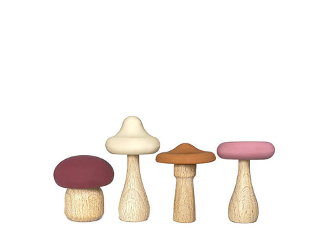 4pk Silicone & Beech Wood Mushroom Teether Toys Gift Set