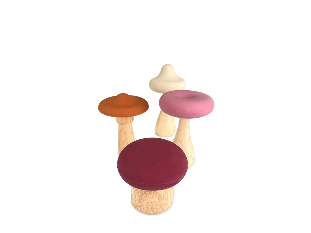 Silicone & Beech Wood Mushroom Teether Toys Gift Set – Rose