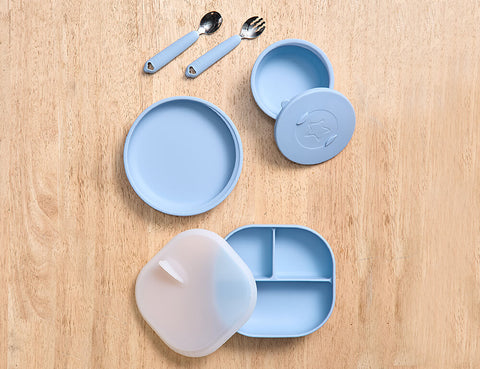 Silicone Suction Tilt Bowl with Lid - CERULEAN